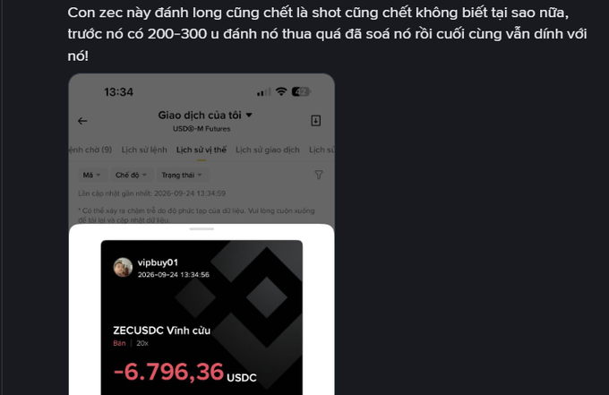 A trading app screenshot showing a futures transaction history on Binance with a USDⓈ-M Futures account under the username "vipbuy01," displaying a massive realized loss of -6,796.36 USDC on ZECUSDC (Zcash perpetual futures) on 2026-09-24 at 13:34:56, illustrating the trader's severe losses on ZEC mentioned in the post.
