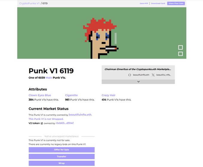 The image shows a webpage for punk V1 619, which is an update of Punk V1 from 2009. The website displays information about the update, including its impact on the punk market and the current status of the update. It also features a list of attributes that can be used to describe the update or to search for specific punk punks. The image includes text in purple and white colors, which is likely part of the webpage's design elements.