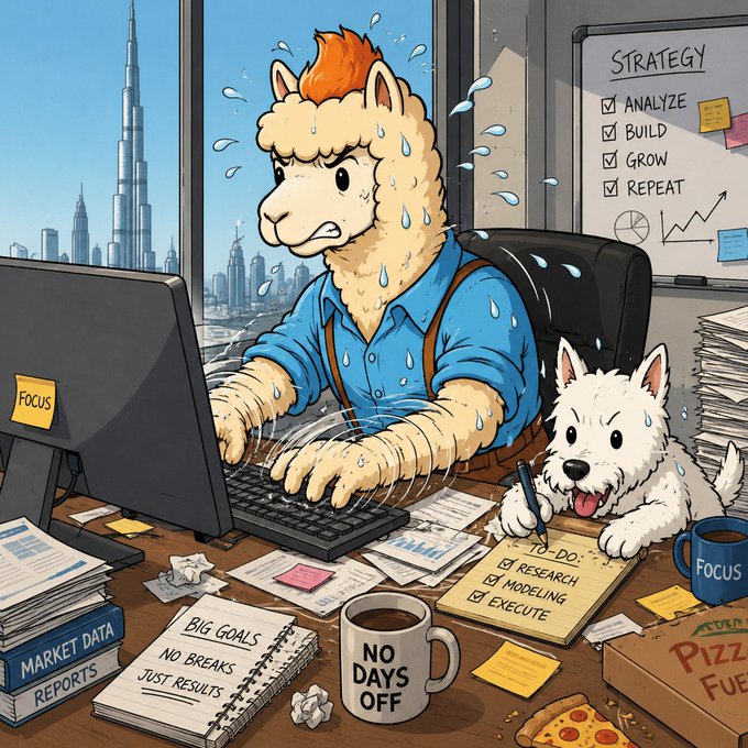 Illustration of a sweating alpaca working intensely at a computer with a stressed dog beside it, featuring visible text including 'STRATEGY' (with checkboxes for ANALYZE, BUILD, GROW, REPEAT), 'BIG GOALS - NO BREAKS - JUST RESULTS', 'NO DAYS OFF', 'MARKET DATA REPORTS', and 'PIZZA FUEL'.