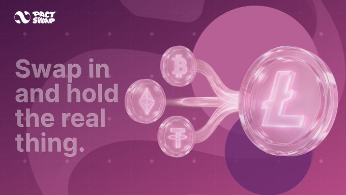 The image features a purple background with three circles of different sizes, each containing a coin icon. The text "Swap in and hold the real thing." is written above the circles, emphasizing the concept of cryptocurrency trading. The caption below the image reads "GPact Fam Cross-chain liquidity should feel seamless, not complicated. @Pact_Swap enables direct access to assets across ecosystems, reducing friction and helping users move capital efficiently without sacrificing simplicity".