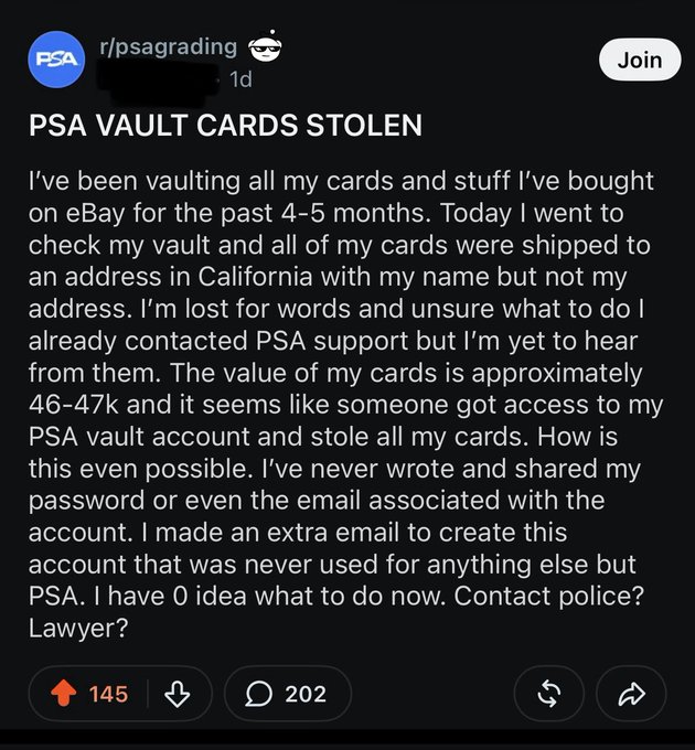 A Reddit post from r/psagrading titled 'PSA VAULT CARDS STOLEN' where a user describes losing approximately $46-47k worth of graded cards from their PSA vault account.