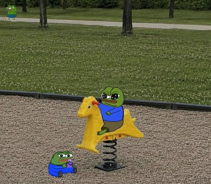 A humorous 3D-animated scene in a park featuring cartoonish Pepe the Frog characters, with one riding a yellow spring rider while another sits on the ground crying.