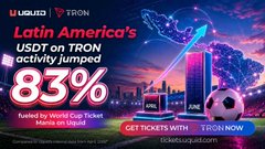 The image is a promotional graphic by UQUID and TRON celebrating an 83% jump in USDT activity on TRON during the World Cup, featuring bold text "Latin America's USDT on TRON activity jumped 83%", World Cup imagery with a soccer ball and trophy, and a "Get Tickets with TRON Now" call-to-action linking to tickets.uquid.com.