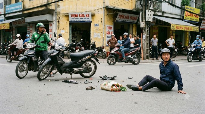 The immediate aftermath of a motorcycle accident on a busy street in Vietnam, showing a man sitting on the pavement while another makes a phone call amidst scattered debris, with shops like 'TIỆM SỬA XE' in the background.