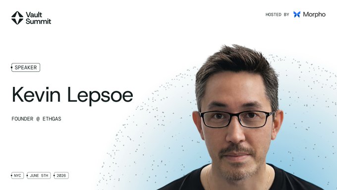 The image features a man wearing glasses with his face displayed prominently against a white background. The text "Vault Summit NYC" is visible at the top of the image, indicating that this event is taking place in New York City. The caption below the image reads "Next up: Vault Summit NYC on Jun 5", suggesting that the next speaker for the summit will be discussing Ethereum blockspace and its relation to a real asset class.