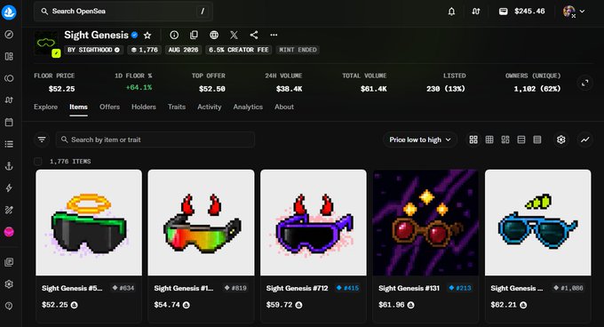 An OpenSea NFT marketplace page for 'Sight Genesis' collection with 1,776 items, 6.5% creator fee, showing pixel art sunglasses/accessories with floor price of $52.25 and various listed items.