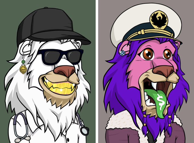 Two cartoon lion characters side by side: a white lion with a black cap, sunglasses, gold grills and a Bitcoin earring, and a pink lion with purple mane in a captain's hat with money in its mouth.