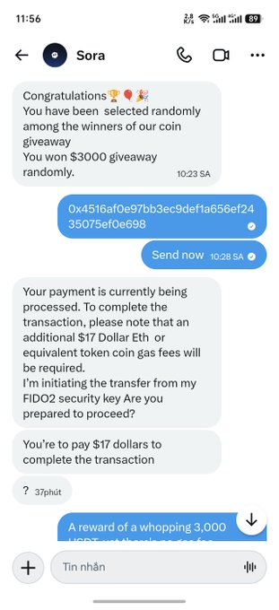 The image shows a Telegram chat from "Sora" claiming the user won a $3000 coin giveaway, but then asks for an additional $17 in ETH gas fees via a FIDO2 security key transfer—highlighting a classic scam tactic disguised as a crypto reward. The accompanying post humorously points out the absurdity of a giveaway service lacking gas funds to pay out winnings, comparing it to common Vietnamese fraud schemes.
