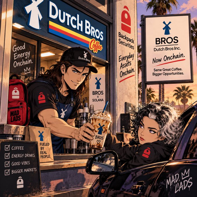 The image depicts a stylized, anime-inspired Dutch Bros Coffee drive-thru scene with a barista serving a "BROS x SOLANA" branded iced drink to a customer in a car, surrounded by signage promoting "$BROS Dutch Bros Inc. as a 1:1 tokenized share" on-chain via Backpack Securities. Key visible text includes "DUTCH BROS Coffee," "Backpack Securities - Everyday Assets Onchain," "BROS Dutch Bros Inc. Now Onchain," and a checklist reading "COFFEE, ENERGY DRINKS, GOOD VIBES, BIGGER MARKETS," tying directly to the post's tagline about bringing the coffee brand on-chain with "same coffee, better rails."