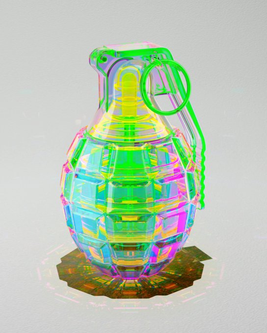 A translucent, iridescent 3D render of a hand grenade with a green and pink holographic effect on a white background.