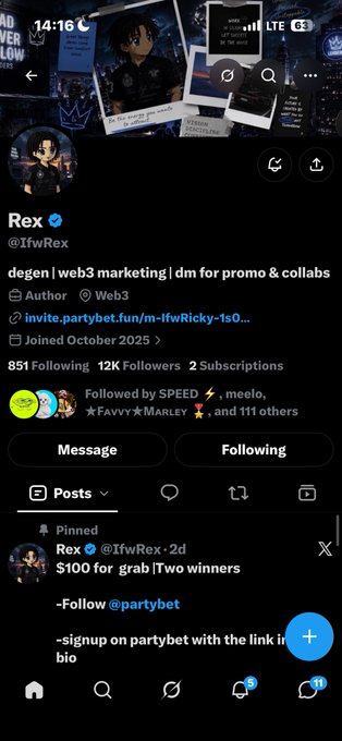 Screenshot of an X/Twitter profile for 'Rex' (@IfwRex), a web3 marketing author with 12K followers, showing a pinned post about a $100 giveaway for two winners via partybet.