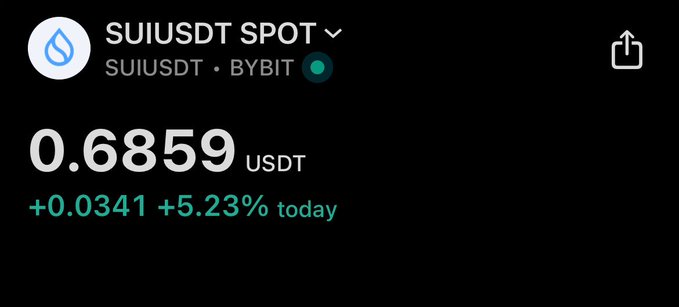 A cryptocurrency price display showing 'SUIUSDT SPOT' on Bybit at '0.6859 USDT', up '+0.0341 +5.23% today'.