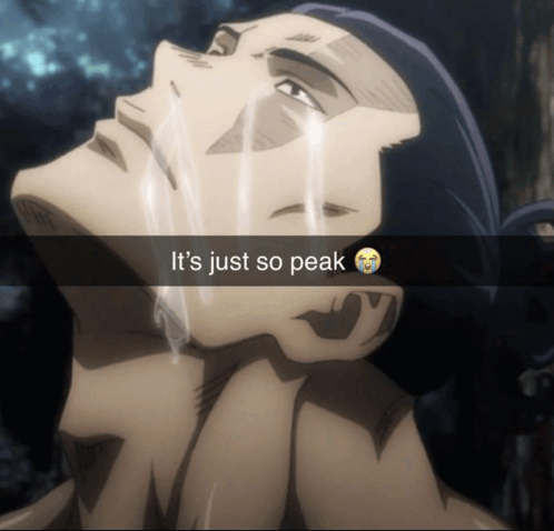 An anime character (appearing to be Eren Yeager from Attack on Titan) looks upward with steam or smoke rising from his face, overlaid with the caption "It's just so peak 😭." The meme humorously compares Arcium's impressive performance to reaching "peak" levels, using the character's intense, climactic expression to convey excitement about the project's potential.