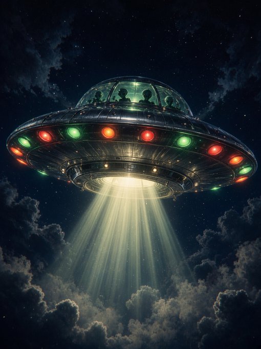 A digital artwork of a classic UFO flying saucer hovering over clouds at night, with green figures visible in the dome and a bright beam of light shining downward.