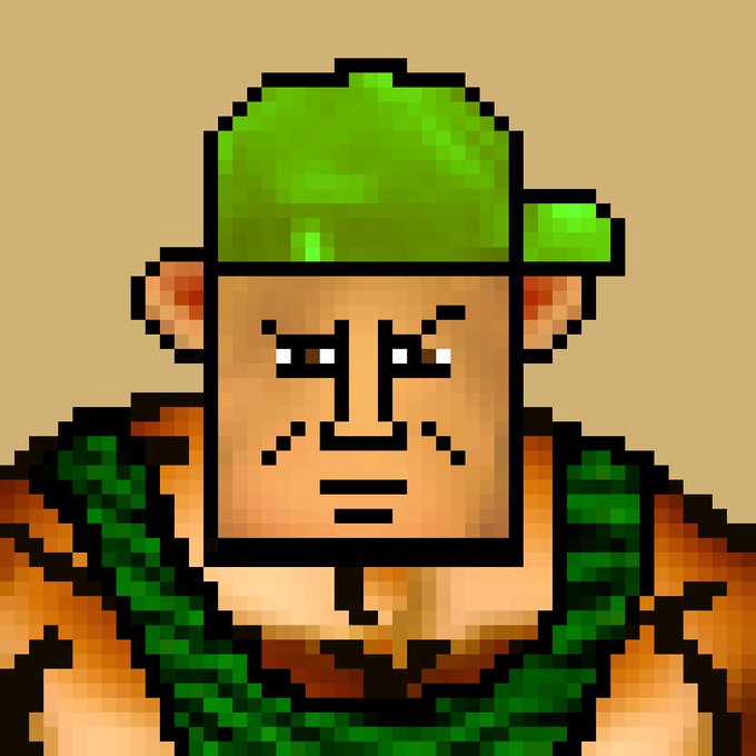 Pixel art illustration of a character with a green cap, light skin, and a thick green leaf chain necklace.