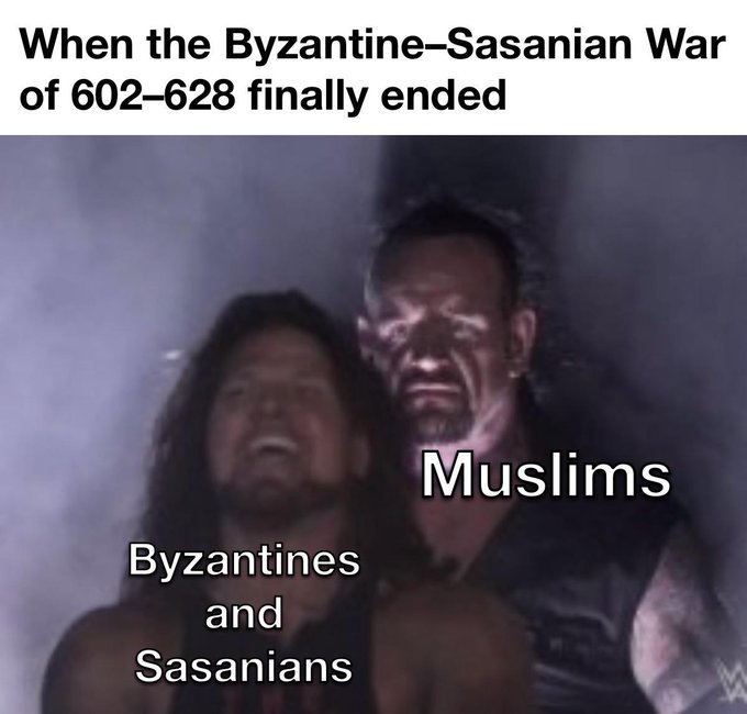 The image shows two men standing next to each other with their mouths open as if they are laughing or making a funny face. The caption below the image reads, "When the Byzantine-Sassian War of 600-628 finally ended, Muslims were the ones who suffered". This suggests that the post is discussing how the war affected the Muslim population and how it led to the suffering of Muslims during this period.