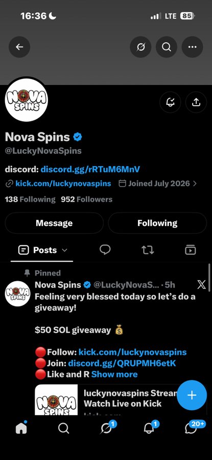 A Twitter/X profile page for 'Nova Spins' (@LuckyNovaSpins) showing 952 followers and a pinned post announcing a $50 SOL giveaway with instructions to follow their Kick and Discord links.