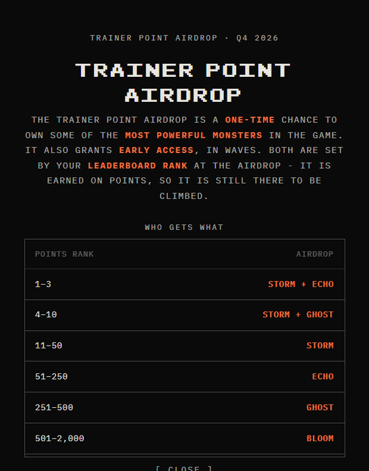 An announcement for a 'TRAINER POINT AIRDROP · Q4 2026' detailing reward tiers based on leaderboard rank, including monsters like STORM, ECHO, GHOST, and BLOOM.