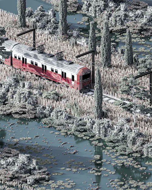 A surreal digitally-altered image showing a red and white train traveling through a landscape where the vegetation appears silver/metallic and the water reflects the scenery.