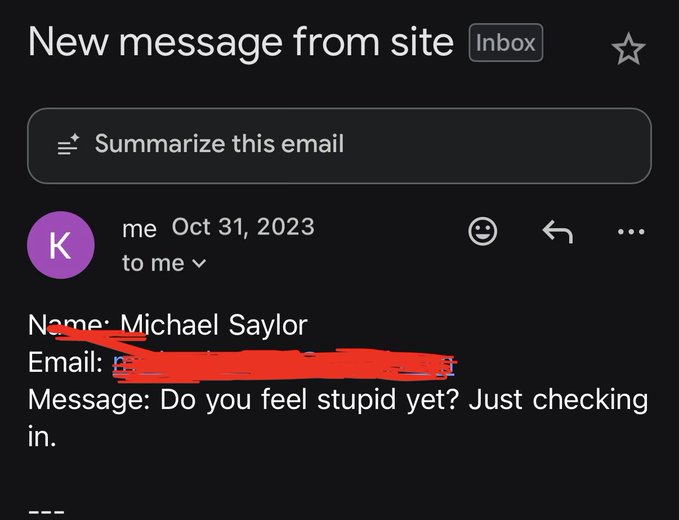 A screenshot of an email titled 'New message from site' dated Oct 31, 2023, from 'me to me' showing the message: 'Do you feel stupid yet? Just checking in.'