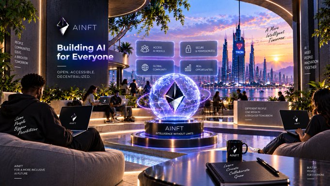 A futuristic promotional image for AINFT (Ethereum-based) showing 'Building AI for Everyone' with an open, accessible, decentralized theme, featuring a holographic Ethereum logo display in a tech lounge setting overlooking a city skyline at sunset.