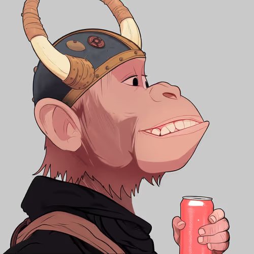 An illustration shows a viking-like monkey character wearing a horned helmet and holding a red soda can.
