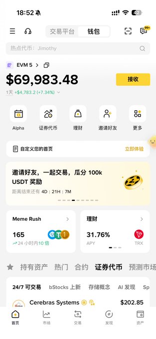 The image shows a cryptocurrency wallet interface displaying a balance of $69,983.48 with a 7.34% gain, featuring a "Meme Rush" section highlighting a token called "165" with a 10x gain in 24 hours. The post asking for a contract address (CA) to go all-in on a meme coin aligns with the wallet's emphasis on trending meme tokens and the "热门合约" (Hot Contracts) tab, suggesting the user is searching for the next viral token to invest heavily in.