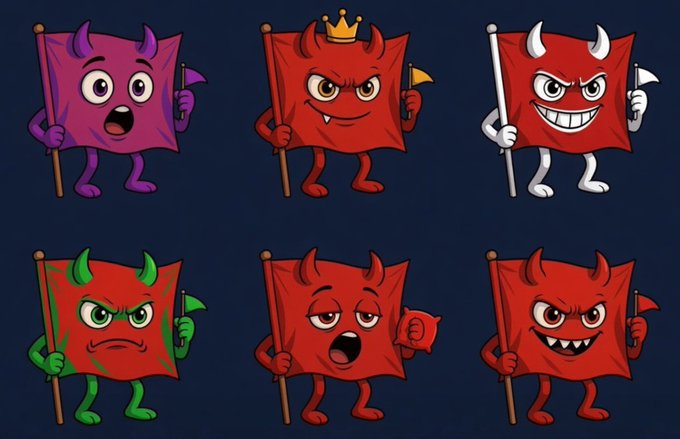 Six cartoon flag characters with horns and legs are displayed, including five red variants with different facial expressions and one purple variant.