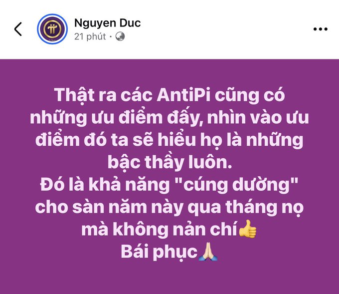 A Facebook post screenshot by 'Nguyen Duc' in Vietnamese praising 'AntiPi' as great teachers who 'feed' the 'ant lions' through the months, ending with praying and thumbs up emojis.