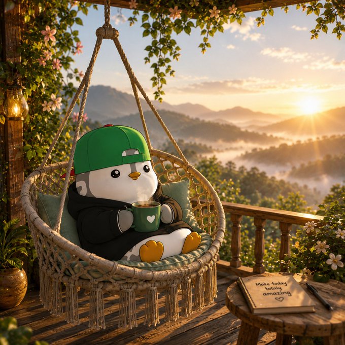 A cute cartoon penguin wearing a green cap relaxes in a hanging wicker chair holding a green mug, with a sunset over misty mountains in the background.