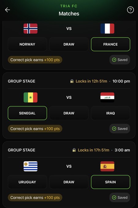 A screenshot of the Tria FC app showing three match prediction picks: Norway vs France (picked France), Senegal vs Iraq (picked Senegal), and Uruguay vs Spain (picked Spain), with each correct pick earning +100 pts. The image illustrates the user's daily picks mentioned in their post about playing the free prediction game on the app.
