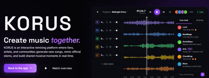 A KORUS platform promotional screen showing 'Create music together' with an interactive remixing interface featuring multiple colored audio waveforms and a live chat sidebar.