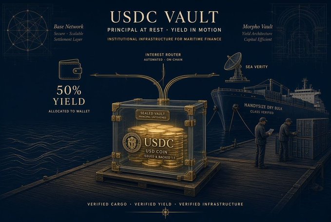 A promotional graphic for 'USDC VAULT' showcasing institutional infrastructure for maritime finance, featuring 50% yield, a wallet icon, a cargo ship labeled 'HANDYSIZE DRY BULK CLASS VERIFIED', and text about Base Network, Morpho Vault, and Sea Verity.
