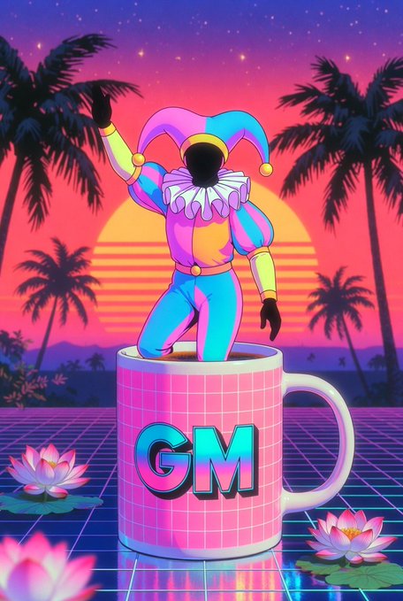 A retro vaporwave-style illustration of a jester in colorful clothing emerging from a pink 'GM' coffee mug, set against a sunset with palm trees and lotus flowers.
