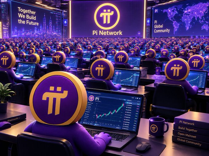 A digital illustration shows a large community of purple Pi Network mascot figures working at computer screens displaying Pi cryptocurrency charts, with slogans 'Together We Build the Future' and 'Pi Global Community' visible.