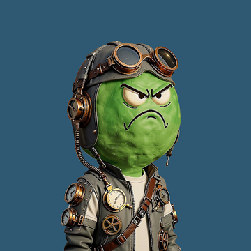 A 3D-rendered green cartoon character with an angry expression wearing a leather aviator cap with goggles, headphones, and a steampunk-style jacket with gauges.