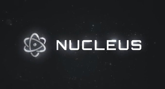 A minimalist logo animation or title card displaying the word 'NUCLEUS' next to an atom symbol against a dark, starry background.