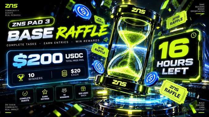 A promotional banner for "ZNS PAD 3 BASE RAFFLE" advertises a $200 USDC prize pool with 10 winners of $20 each and 16 hours remaining.