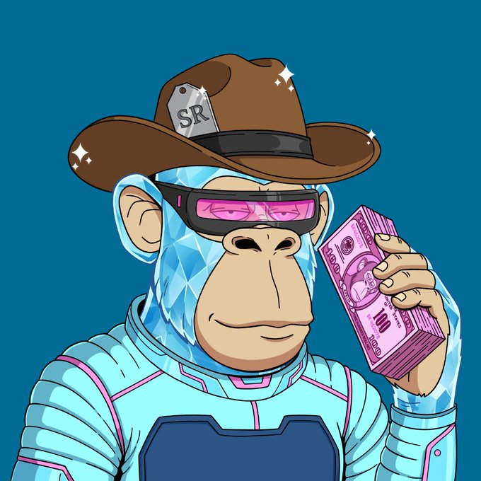 A digital illustration of a cartoon ape wearing a cowboy hat with 'SR' on the badge, pink sunglasses, and a spacesuit, holding a stack of pink currency.