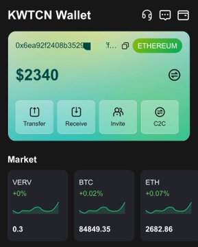 KWTCN Wallet app screenshot with a balance of $2340 in ETH, showing market prices for VERV (+0%), BTC (+0.02%), and ETH (+0.07%).