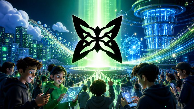 A vibrant digital illustration of a crowd of people holding smartphones, gathered around a glowing green stage displaying a large black butterfly logo in a futuristic city.