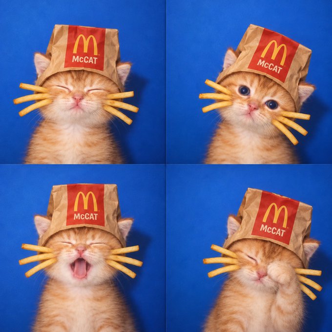A four-panel image of an orange kitten wearing a brown paper McDonald's-style bag labeled 'McCAT' with french fries arranged like whiskers around its face, showing various expressions including content, curious, yawning, and sleepy.