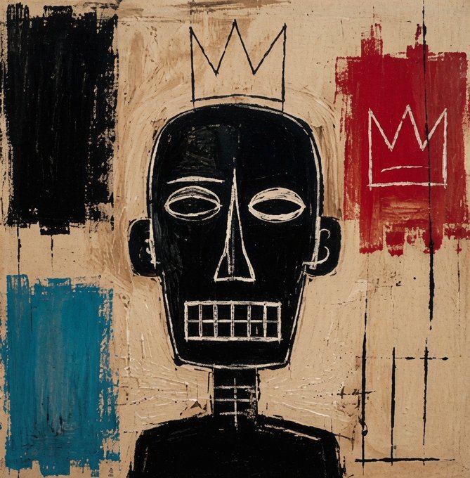 A Jean-Michel Basquiat-style neo-expressionist painting featuring a black stylized figure with a crown, set against a beige background with red and blue color blocks.