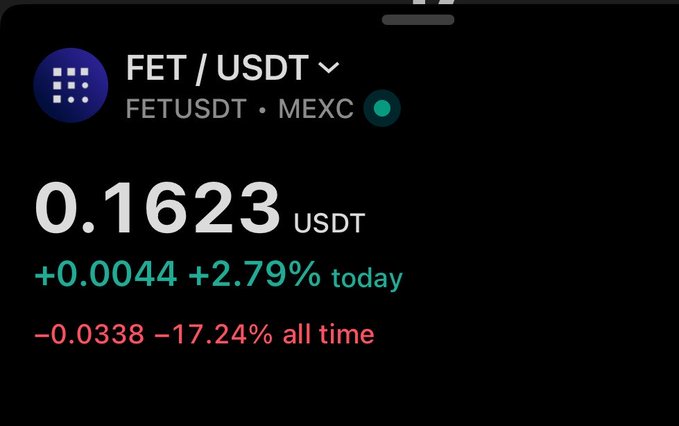 The image shows a cryptocurrency price tracker displaying FET/USDT on MEXC, currently at 0.1623 USDT with a +2.79% gain today, but down 17.24% all time. This highlights the stark contrast between the trader's $1 price target and the current significantly lower trading price, emphasizing how far FET would need to rally to meet their hold requirement.