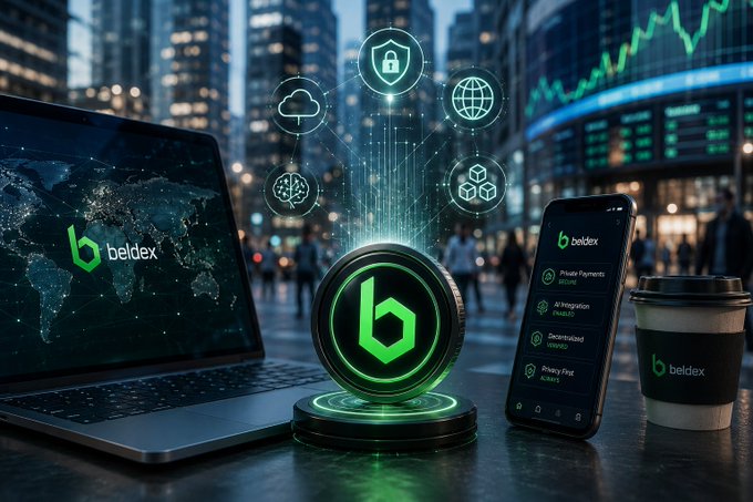 A promotional graphic for 'Beldex' shows the logo on a laptop, a smartphone displaying 'Private Payments', a glowing coin, and a coffee cup, set against a city skyline with stock charts.