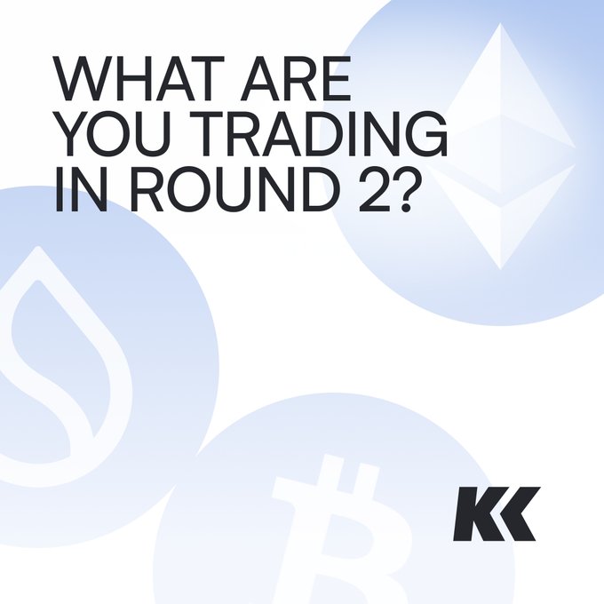 A graphic with the text 'WHAT ARE YOU TRADING IN ROUND 2?' alongside faded cryptocurrency logos for Bitcoin, Ethereum, and Sui, marked with the 'KK' logo.