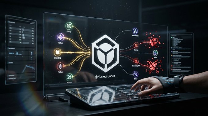 A person wearing a futuristic haptic glove interacts with a transparent holographic screen displaying a central cube logo and various network nodes, with the watermark '@NucleusCodes'.