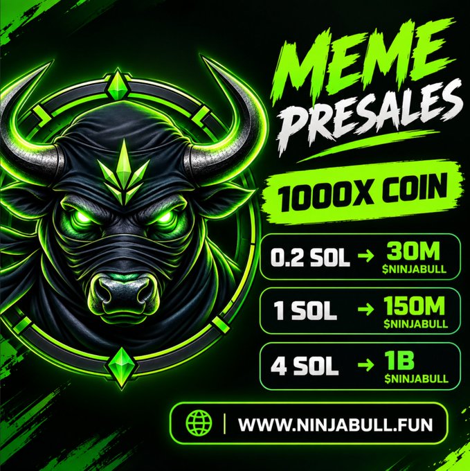 A promotional graphic for the $NINJABULL meme coin presale features a fierce, glowing-eyed black bull with green horns and a forehead emblem set against a dark green background, advertising tiers of "1000X COIN" with 0.2 SOL earning 30M tokens, 1 SOL earning 150M tokens, and 4 SOL earning 1 billion $NINJABULL, directing viewers to www.ninjabull.fun for purchases.