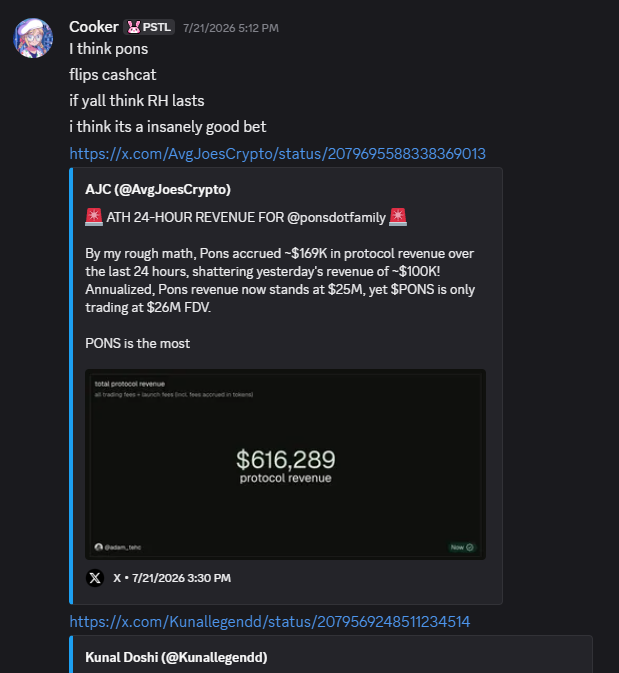A Discord message from "Cooker" at PStL argues that $PONS is a strong bet, sharing an @AvgJoesCrypto tweet highlighting a new ATH of $616,289 in 24-hour protocol revenue for @ponsdotfamily.
