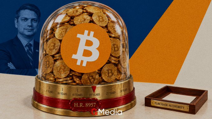 An illustration shows a glass dome filled with gold Bitcoin coins featuring the Bitcoin logo, labeled 'H.R. 8957' with a timeline up to 30 YEARS, alongside a portrait of a man in a suit and a 'PURCHASE AUTHORITY' nameplate.